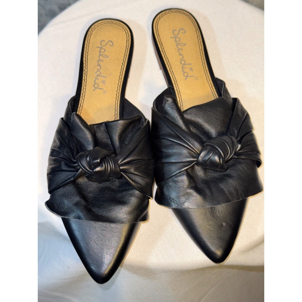 Splendid Black Leather Twisted Bow Pointy Flat slip on shoe womens sz 7.5